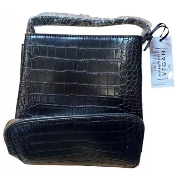 AOTA Black Vegan Leather Croc Embossed Elena Top Handle/Crossbody Bucket Bag - Picture 3 of 5